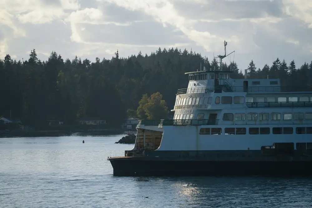 A green and white ferry passing a wooded shore
